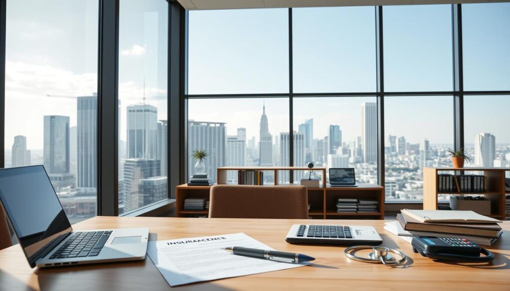 a clean, modern office interior with large windows, bright natural lighting, and a minimalist aesthetic. In the foreground, a desk with a laptop, documents, and a pen. On the desk, various insurance-related objects such as a magnifying glass, a calculator, and a stethoscope. In the middle ground, a bookshelf with books on business, finance, and insurance. The background features a panoramic view of a cityscape, with skyscrapers and a clear blue sky. The overall mood is professional, organized, and focused, conveying the importance and attention to detail required for comprehensive business insurance coverage. a clean, modern office interior with large windows, bright natural lighting, and a minimalist aesthetic. In the foreground, a desk with a laptop, documents, and a pen. On the desk, various insurance-related objects such as a magnifying glass, a calculator, and a stethoscope. In the middle ground, a bookshelf with books on business, finance, and insurance. The background features a panoramic view of a cityscape, with skyscrapers and a clear blue sky. The overall mood is professional, organized, and focused, conveying the importance and attention to detail required for comprehensive business insurance coverage.