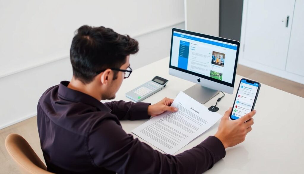 a detailed image of a car insurance claim process, with a person sitting at a desk reviewing and filling out insurance paperwork, a laptop showing an insurance company website, and a smartphone displaying a mobile app for managing claims. The scene is set in a modern, well-lit office with clean, minimalist design and neutral colors. The person is focused and attentive, conveying the sense of responsibility and care involved in the claims process. The overall mood is professional, efficient, and reassuring, reflecting the importance of the "Making and managing a claim" section of the article. a detailed image of a car insurance claim process, with a person sitting at a desk reviewing and filling out insurance paperwork, a laptop showing an insurance company website, and a smartphone displaying a mobile app for managing claims. The scene is set in a modern, well-lit office with clean, minimalist design and neutral colors. The person is focused and attentive, conveying the sense of responsibility and care involved in the claims process. The overall mood is professional, efficient, and reassuring, reflecting the importance of the "Making and managing a claim" section of the article.
