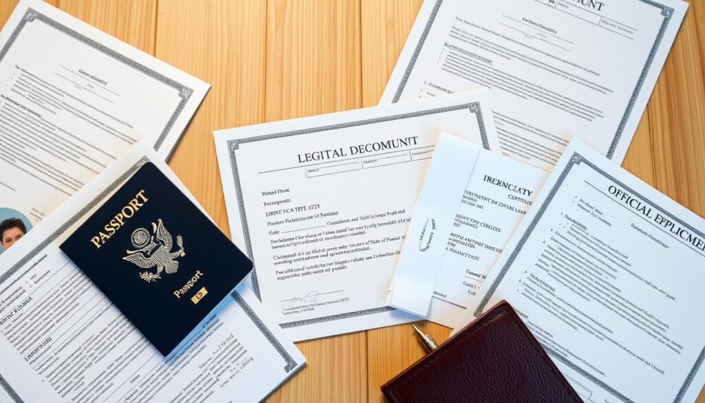 a high-quality, detailed image of various official documents and certificates laid out on a wooden surface, including a passport, driver's license, insurance documents, and other legal paperwork. The documents should be neatly arranged, with some overlapping and slightly crumpled to create a realistic, unposed feel. The lighting should be soft and diffused, highlighting the textures and colors of the papers. The background should be a warm, neutral color, such as a light brown or beige, to make the documents the focal point. The overall mood should convey a sense of organization, responsibility, and the importance of having the necessary documentation in order. a high-quality, detailed image of various official documents and certificates laid out on a wooden surface, including a passport, driver's license, insurance documents, and other legal paperwork. The documents should be neatly arranged, with some overlapping and slightly crumpled to create a realistic, unposed feel. The lighting should be soft and diffused, highlighting the textures and colors of the papers. The background should be a warm, neutral color, such as a light brown or beige, to make the documents the focal point. The overall mood should convey a sense of organization, responsibility, and the importance of having the necessary documentation in order.