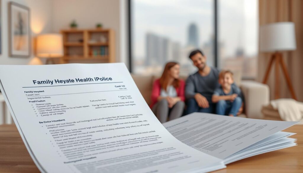 a highly detailed, hyper-realistic illustration of a family health insurance policy document, with a clean, modern design and layout. The document is presented in the foreground, its pages open to reveal detailed information about coverage, benefits, and terms. In the middle ground, a family of four - parents and two children - are shown in a warm, inviting living room setting, conveying the sense of security and protection provided by the private health insurance plan. The background features a blurred, out-of-focus cityscape, suggesting the broader context of the UK healthcare system. The lighting is soft and natural, creating a calming, professional atmosphere. The overall composition and attention to detail aim to visually communicate the practical, real-world application of family private medical insurance. a highly detailed, hyper-realistic illustration of a family health insurance policy document, with a clean, modern design and layout. The document is presented in the foreground, its pages open to reveal detailed information about coverage, benefits, and terms. In the middle ground, a family of four - parents and two children - are shown in a warm, inviting living room setting, conveying the sense of security and protection provided by the private health insurance plan. The background features a blurred, out-of-focus cityscape, suggesting the broader context of the UK healthcare system. The lighting is soft and natural, creating a calming, professional atmosphere. The overall composition and attention to detail aim to visually communicate the practical, real-world application of family private medical insurance.