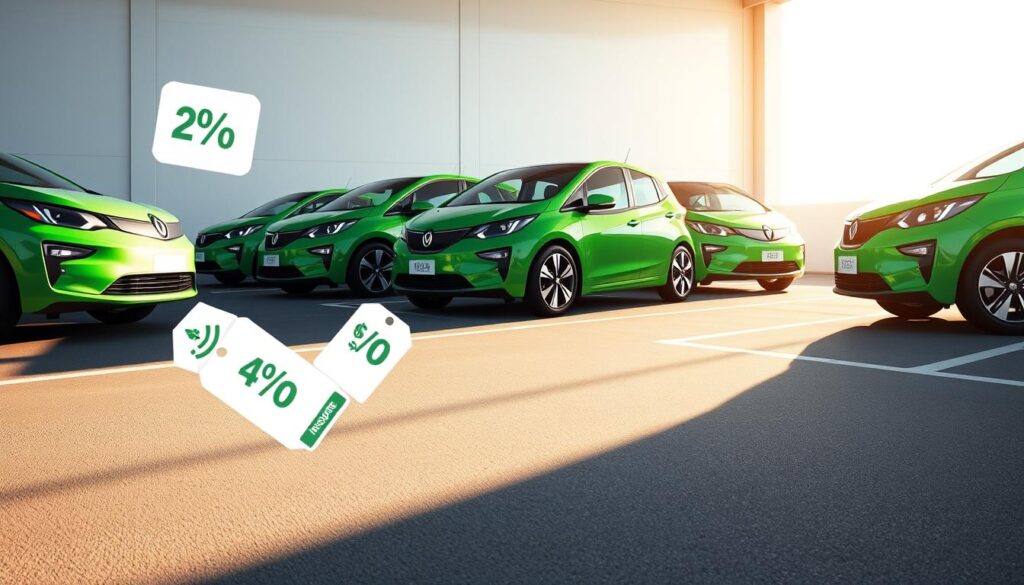a highly detailed, photorealistic image of a group of eco-friendly green electric vehicles parked in a row, with various discount tags and icons overlaid on the vehicles, showcasing different types of insurance discounts available for environmentally-friendly cars. The scene is set in a modern, minimalist parking lot with a clean, bright lighting, casting long shadows across the ground. The vehicles are captured from a low-angle perspective, emphasizing their size and presence. The overall mood is one of efficiency, modernity and environmental awareness, highlighting the financial benefits of choosing a green vehicle. a highly detailed, photorealistic image of a group of eco-friendly green electric vehicles parked in a row, with various discount tags and icons overlaid on the vehicles, showcasing different types of insurance discounts available for environmentally-friendly cars. The scene is set in a modern, minimalist parking lot with a clean, bright lighting, casting long shadows across the ground. The vehicles are captured from a low-angle perspective, emphasizing their size and presence. The overall mood is one of efficiency, modernity and environmental awareness, highlighting the financial benefits of choosing a green vehicle.