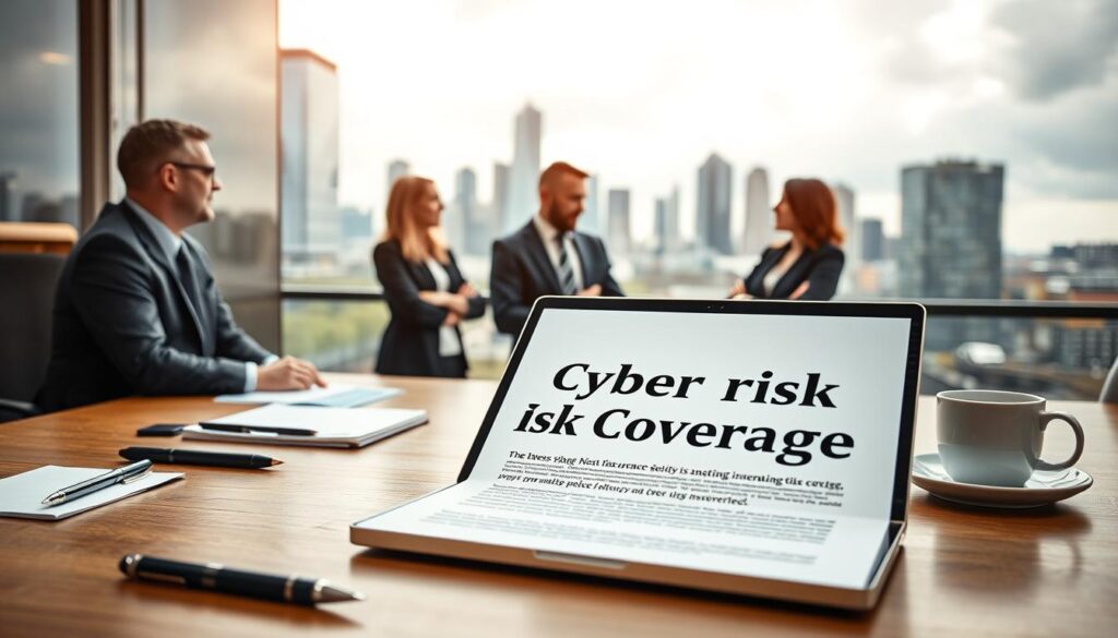 a highly detailed, photorealistic image of business cyber risk coverage UK. in the foreground, a laptop displaying a policy document with the text "Cyber Risk Coverage" prominently displayed. the laptop sits on a wooden desk, with a pen, notepad, and cup of coffee nearby, creating a professional office setting. in the middle ground, a team of business executives in formal attire discussing the cyber insurance policy, their expressions conveying a sense of concern and focus. in the background, a cityscape with modern skyscrapers and a cloudy sky, suggesting the urban business environment. the lighting is warm and natural, creating a sense of professionalism and authority. the overall composition is balanced and visually compelling, effectively illustrating the concept of business cyber risk coverage UK. a highly detailed, photorealistic image of business cyber risk coverage UK. in the foreground, a laptop displaying a policy document with the text "Cyber Risk Coverage" prominently displayed. the laptop sits on a wooden desk, with a pen, notepad, and cup of coffee nearby, creating a professional office setting. in the middle ground, a team of business executives in formal attire discussing the cyber insurance policy, their expressions conveying a sense of concern and focus. in the background, a cityscape with modern skyscrapers and a cloudy sky, suggesting the urban business environment. the lighting is warm and natural, creating a sense of professionalism and authority. the overall composition is balanced and visually compelling, effectively illustrating the concept of business cyber risk coverage UK.