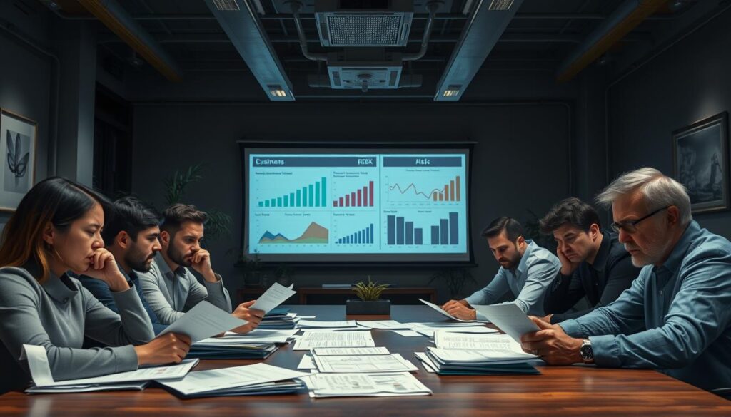 a photorealistic, high-resolution, wide-angle image of a business office setting. In the foreground, a group of worried-looking people are gathered around a table, discussing various documents and files. Their expressions convey a sense of concern and uncertainty. In the middle ground, a large projector screen displays graphs and charts, highlighting various business risks and potential liabilities. In the background, the office is dimly lit, with a few potted plants and artwork on the walls, creating a professional yet slightly tense atmosphere. The lighting is soft and indirect, casting subtle shadows and highlights on the subjects and the surroundings. The overall composition draws the viewer's attention to the central group, emphasizing the importance of understanding and managing business risks for customers. a photorealistic, high-resolution, wide-angle image of a business office setting. In the foreground, a group of worried-looking people are gathered around a table, discussing various documents and files. Their expressions convey a sense of concern and uncertainty. In the middle ground, a large projector screen displays graphs and charts, highlighting various business risks and potential liabilities. In the background, the office is dimly lit, with a few potted plants and artwork on the walls, creating a professional yet slightly tense atmosphere. The lighting is soft and indirect, casting subtle shadows and highlights on the subjects and the surroundings. The overall composition draws the viewer's attention to the central group, emphasizing the importance of understanding and managing business risks for customers.
