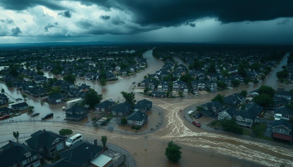 a sprawling suburban neighborhood partially submerged in a massive flood, dark storm clouds looming overhead, water rushing through the streets and swallowing up homes, cars floating on the surface, people stranded on rooftops seeking rescue, emergency services racing to provide aid, a sense of chaos and urgency conveyed through the dramatic lighting and camera angle, the scene reflecting the devastating impact of a natural disaster on a residential community a sprawling suburban neighborhood partially submerged in a massive flood, dark storm clouds looming overhead, water rushing through the streets and swallowing up homes, cars floating on the surface, people stranded on rooftops seeking rescue, emergency services racing to provide aid, a sense of chaos and urgency conveyed through the dramatic lighting and camera angle, the scene reflecting the devastating impact of a natural disaster on a residential community