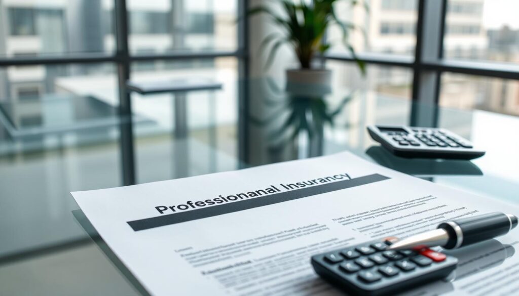professional indemnity insurance policy document on a modern glass office desk, with a pen and calculator, low-angle shot with soft natural lighting from a window, clean and minimalist composition, corporate and professional atmosphere professional indemnity insurance policy document on a modern glass office desk, with a pen and calculator, low-angle shot with soft natural lighting from a window, clean and minimalist composition, corporate and professional atmosphere